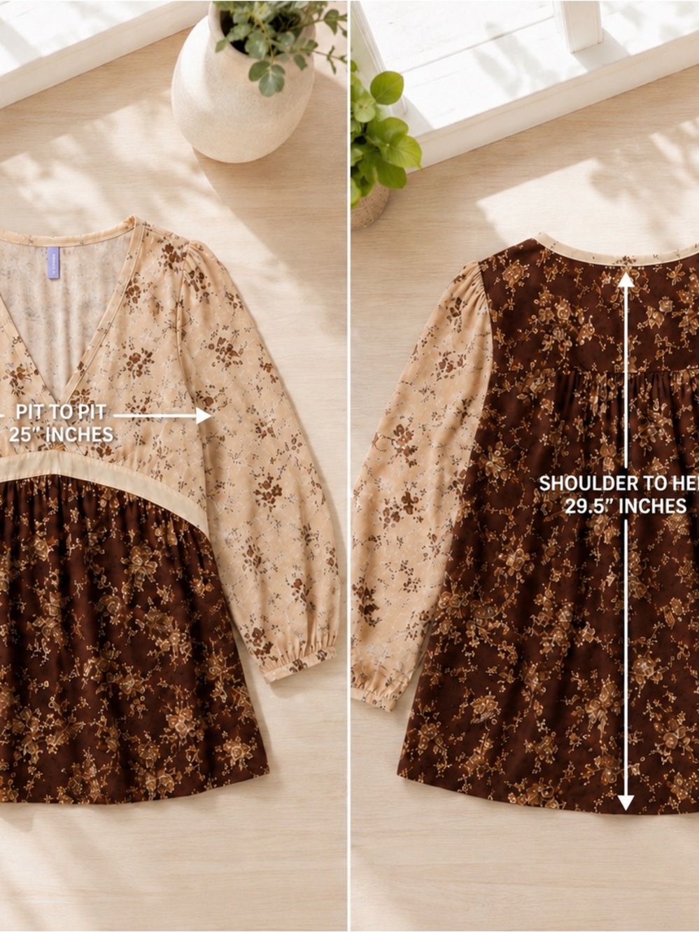Bohemian Two-Tone Floral V-Neck Peasant Blouse - Brown & Cream Size 2X GUC - Picture 3 of 6